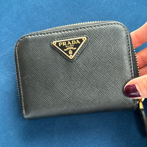 Black Prada Mini Zip Around Gold Saffiano Leather Wallet - Picture 3 of 6